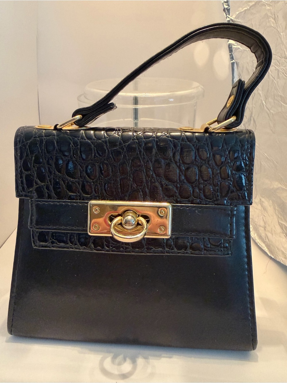 Structured Black Vintage Top-Handle Satchel with Gold-Tone Lock